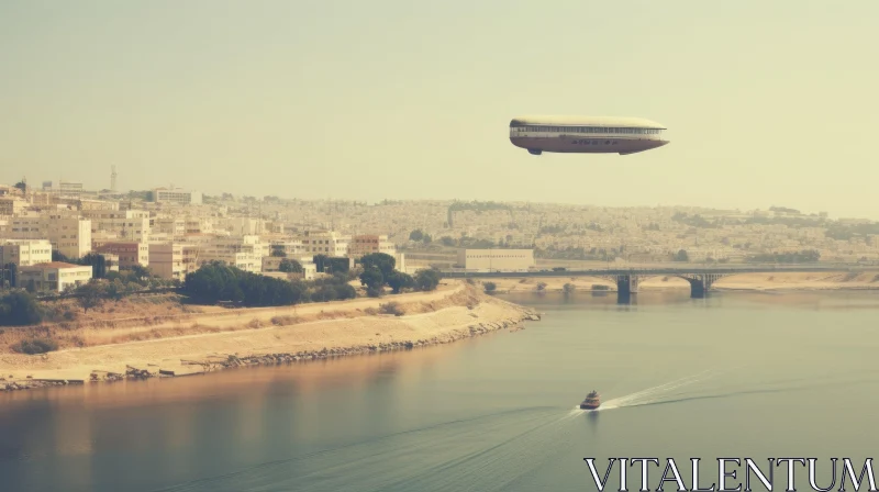 Futuristic City with Airship and River Bridge AI Image