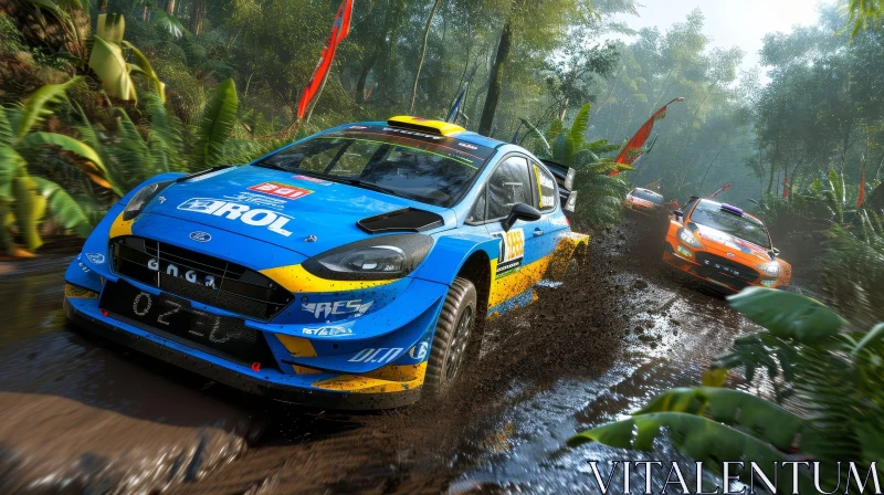 Intense Racing Scene in Muddy Forest AI Image