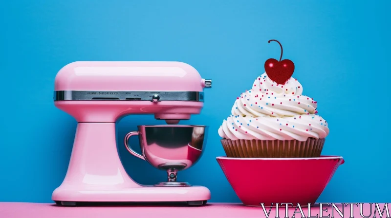 Pink Kitchen Mixer and Cupcake on Blue Background AI Image