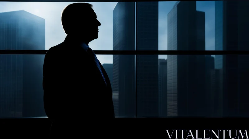 Silhouette of a Man in Suit Looking at Cityscape AI Image