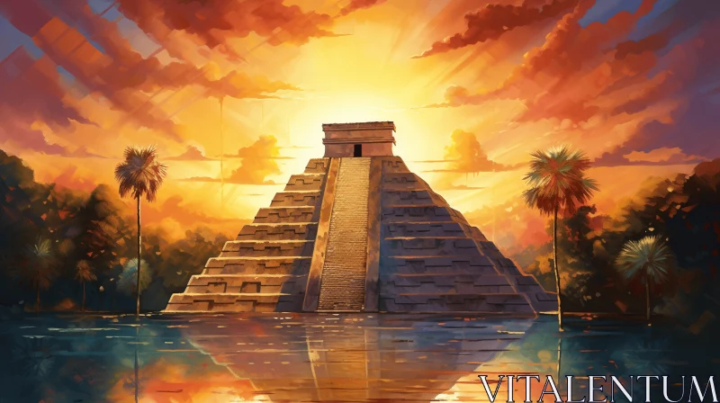 AI ART Ancient Pyramid at Sunset: A Captivating Illustration of Mayan Architecture