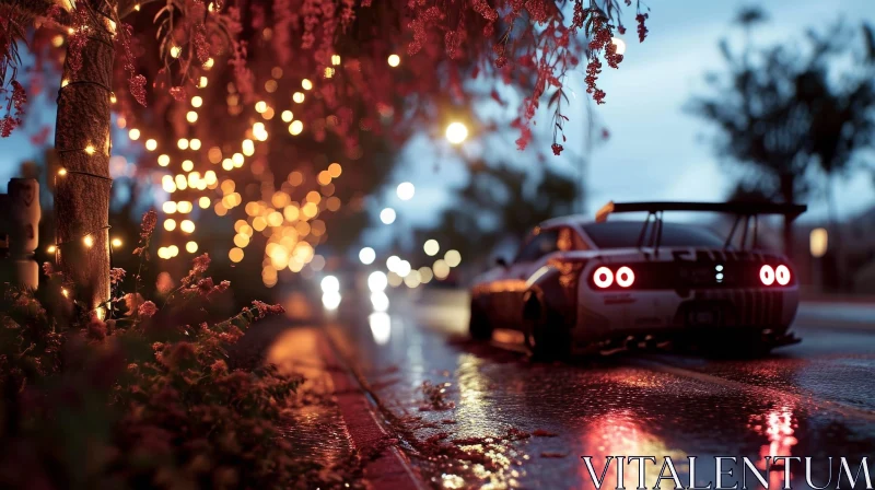 Night City Street with Sports Car Driving in Rain AI Image