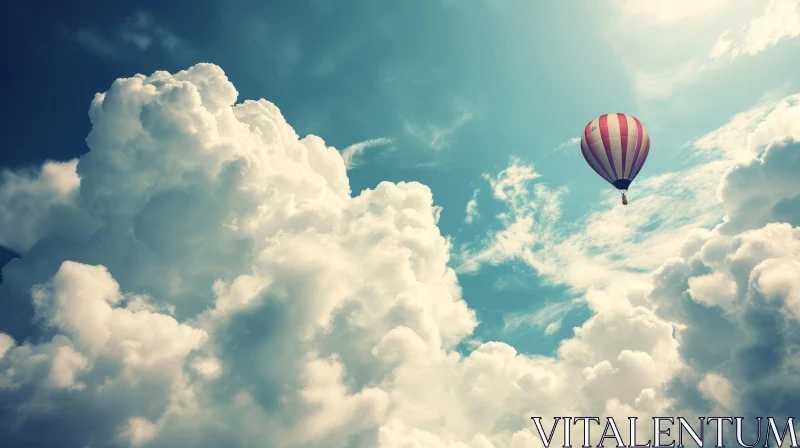 Sky Adventure: Red and White Hot Air Balloon in Cloudy Blue Sky AI Image