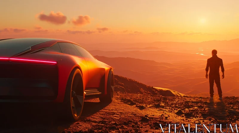 Serene Sunset Scene with Red Sports Car and Man on Hilltop AI Image