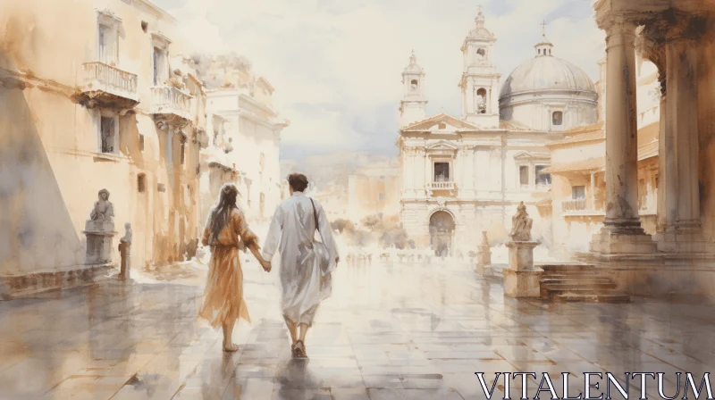 Captivating Painting of a Serene Couple Walking in the City AI Image