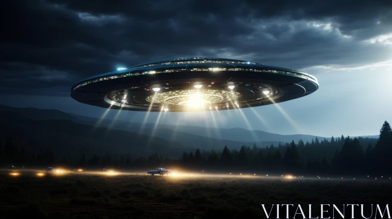 Enigmatic UFO Night Scene in Rural Area AI Image