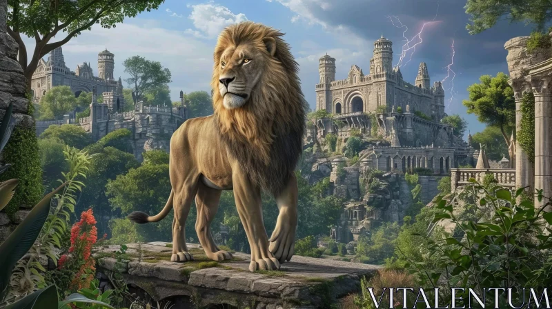 Lion and Ruined Castle Digital Painting AI Image
