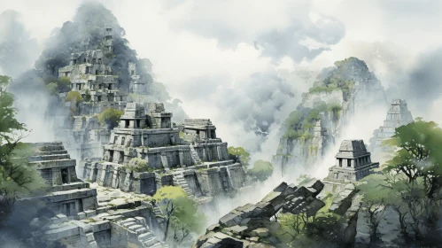 Ancient City Scene with Grandiose Ruins and Enchanting Watercolors