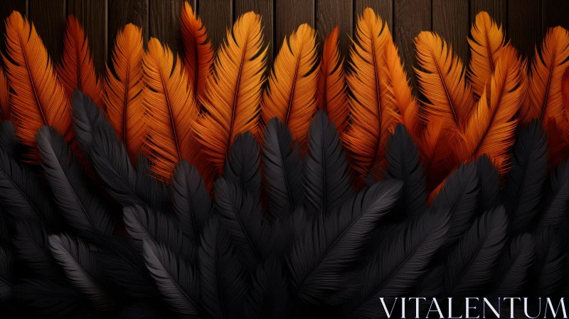Intriguing Black and Orange Feather Arrangement on Wooden Background AI Image