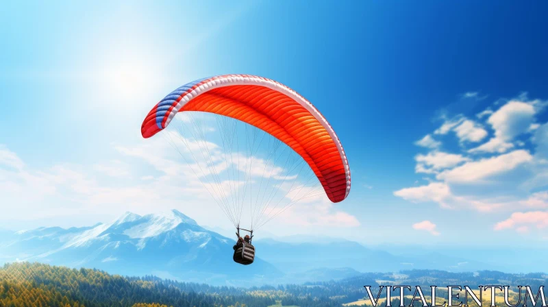 Red and White Paraglider Flying Over Forest and Mountains AI Image
