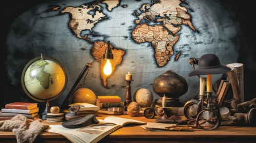 Enigmatic Desk Still Life with World Map and Globe