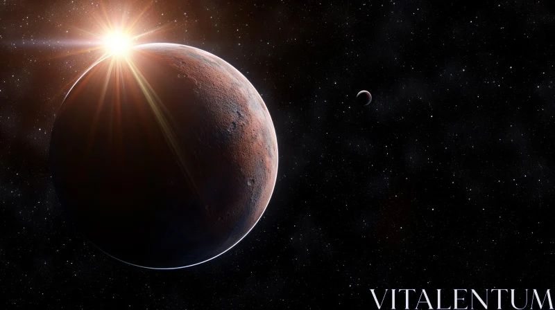 Enigmatic Planetary Scene: Reddish Planet, Gray Moon, Bright Star AI Image