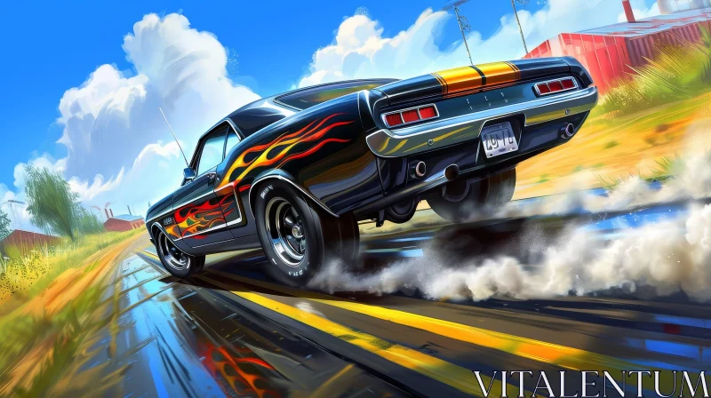 Speeding Black Muscle Car with Yellow Stripes and Flames AI Image