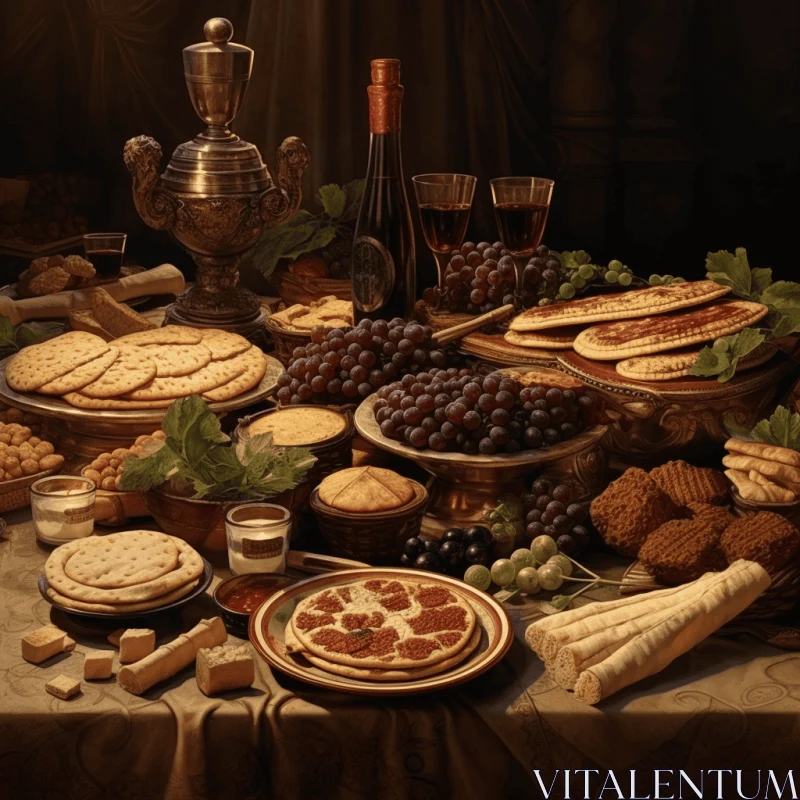 Captivating Painting of a Lavish Table with Exquisite Food and Wine AI Image