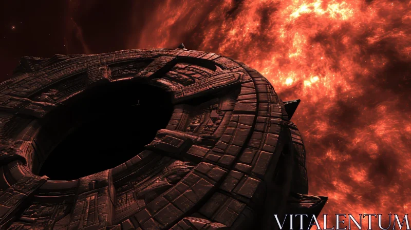 Dark Metallic Spaceship in Glowing Nebula - 3D Rendering AI Image