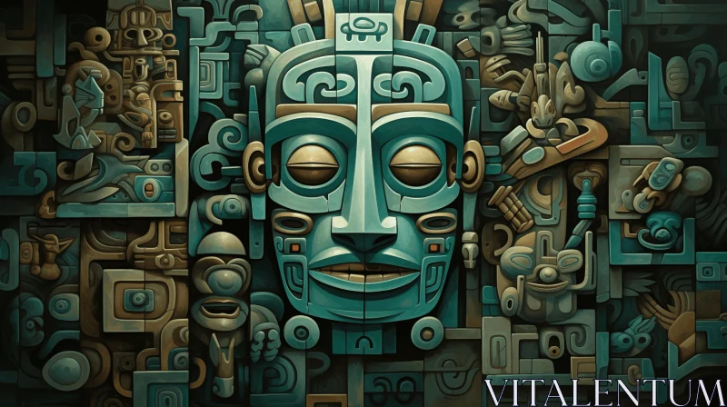 Intricate Aztec Mask: Vibrant Cubism and Layered Compositions AI Image