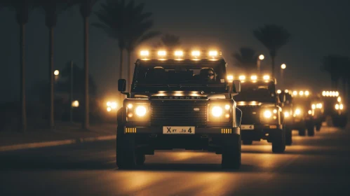 Night Convoy Desert Road Land Rover Defender