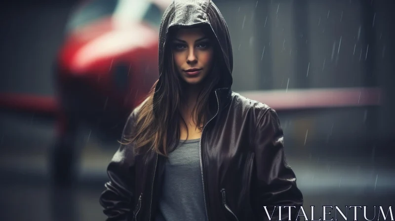 Serious Woman in Leather Jacket Standing in Rain AI Image