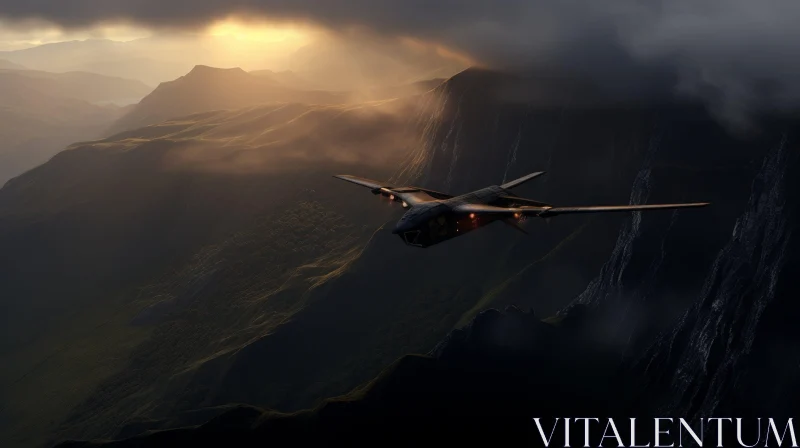 Sleek Black Military Aircraft Flying Over Mountain Range at Sunset AI Image
