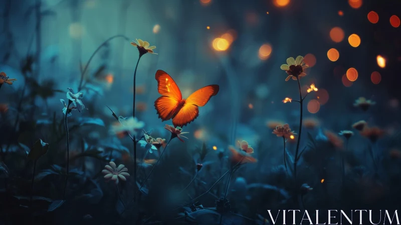 Tranquil Night Scene: Butterfly in Field of Flowers AI Image