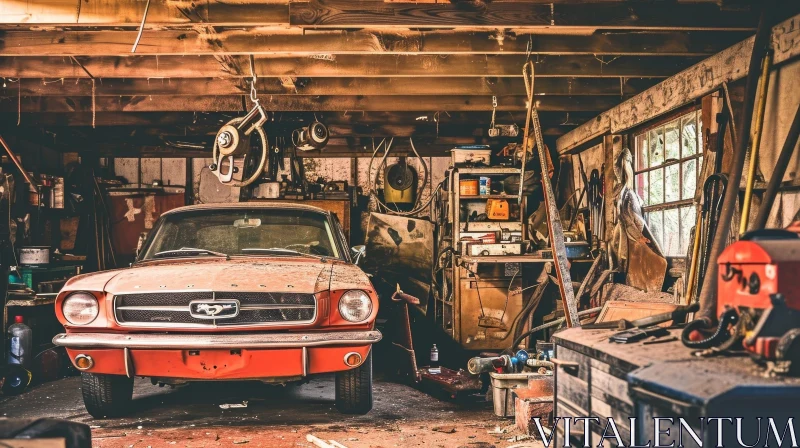Abandoned Garage with Classic Red Mustang Car AI Image