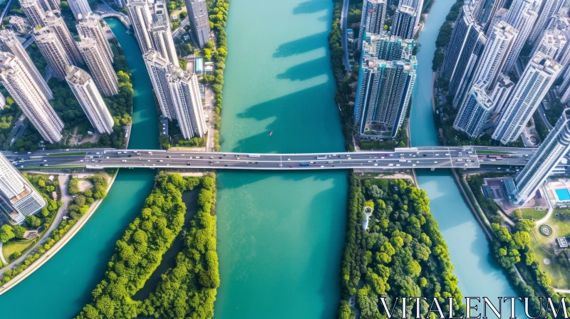 Aerial Cityscape: River, Modern Buildings, Bridges AI Image