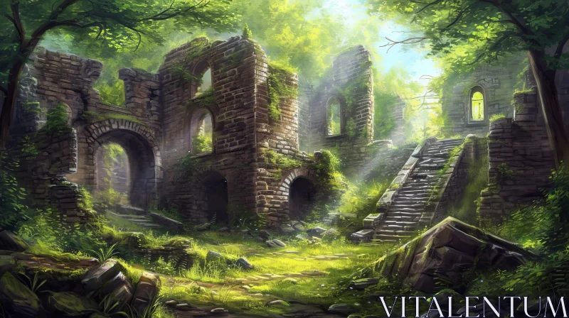 Enigmatic Ruined Castle in Forest - Digital Painting AI Image