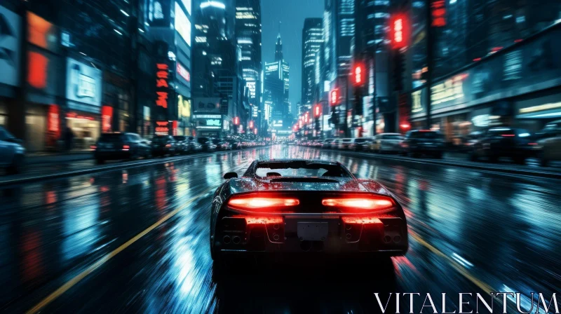 Night Cityscape: Black Sports Car Racing in Rainy Urban Setting AI Image