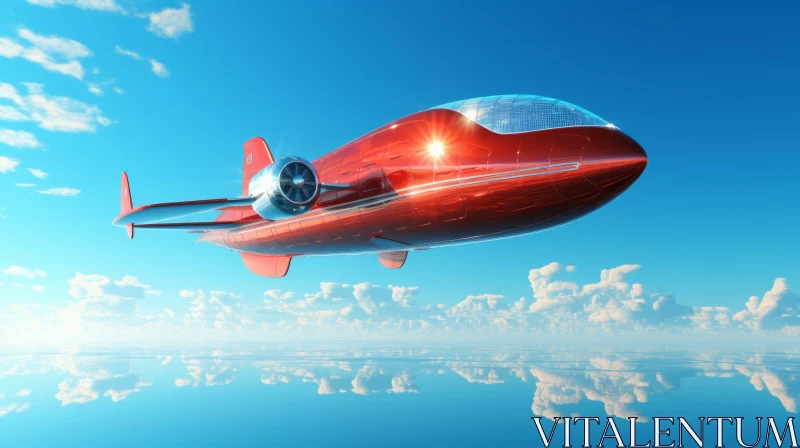 Red Futuristic Airplane Flying Above Clouds AI Image