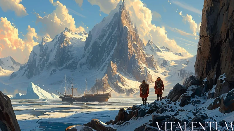 Snowy Mountain Landscape with Ship and People AI Image