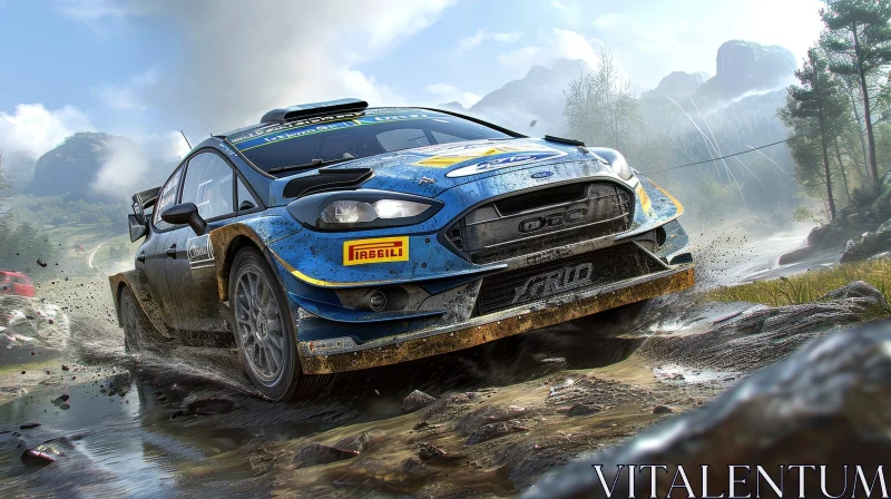 Blue and White Rally Car Turning on Dirt Road AI Image