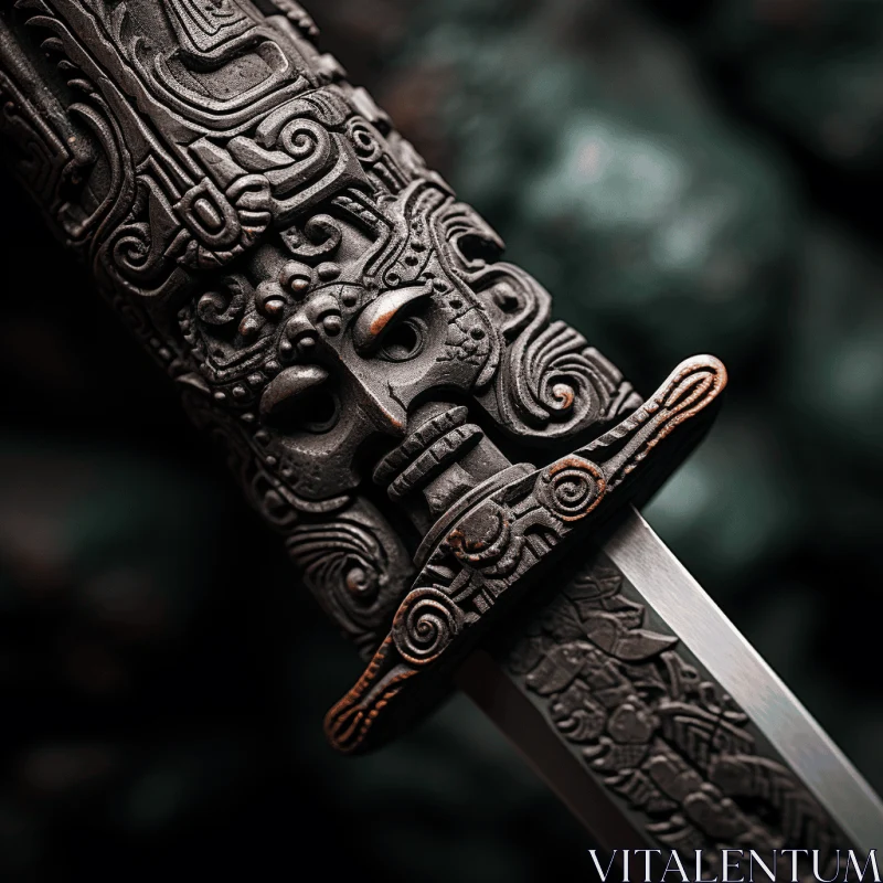 Intricately Decorated Knife with Mythological Realism in Traditional Vietnamese and Maori Art Style AI Image
