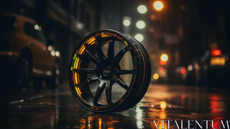 Sleek Black Car Wheel with Yellow and Green Highlights AI Image