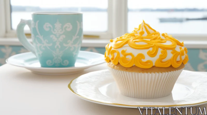 Delicious Cupcake with Yellow and White Frosting on a White Plate AI Image
