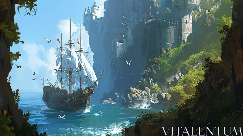 Sailing Ship and Castle Digital Painting AI Image