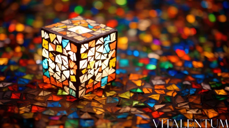 Colorful Mosaic Cube on Glass Bed - Abstract Art