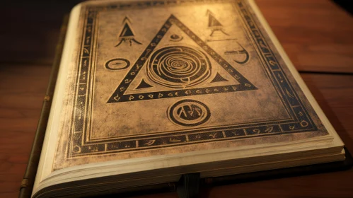 Enigmatic Open Book with Leather Cover on Wooden Table
