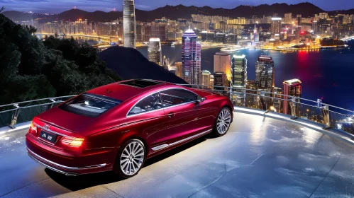 Luxury Red Car Parked on Rooftop at Night