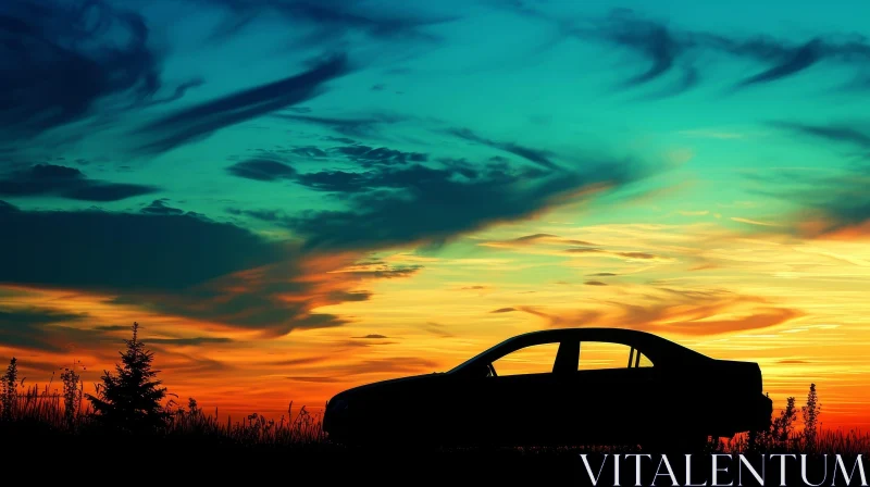Tranquil Sunset Silhouette with Car AI Image