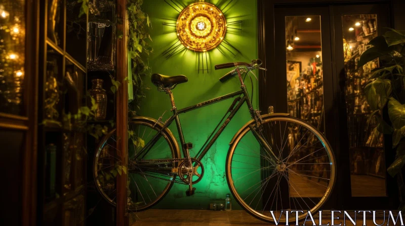 Vintage Bicycle in Front of Green Wall with Mirrors AI Image