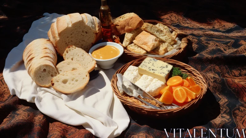 A Scrumptious Picnic with Bread, Cheese, and Fruit AI Image