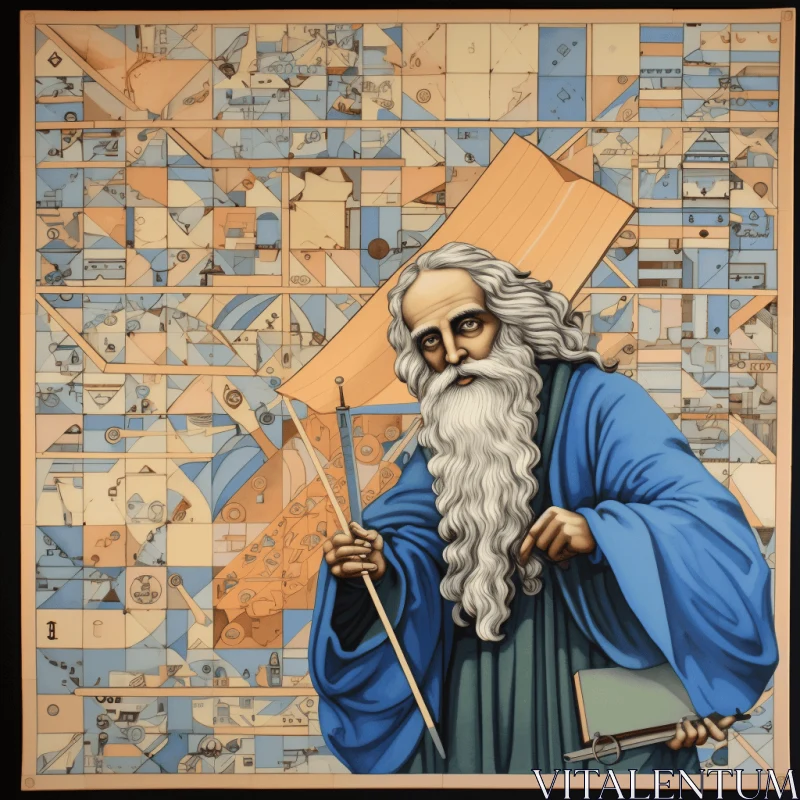 Captivating Christian Art: An Old Man in a Blue Coat with a White Board and a Shovel AI Image