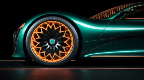 Unique Dark Green Sports Car with Intricate Orange Wheel Design