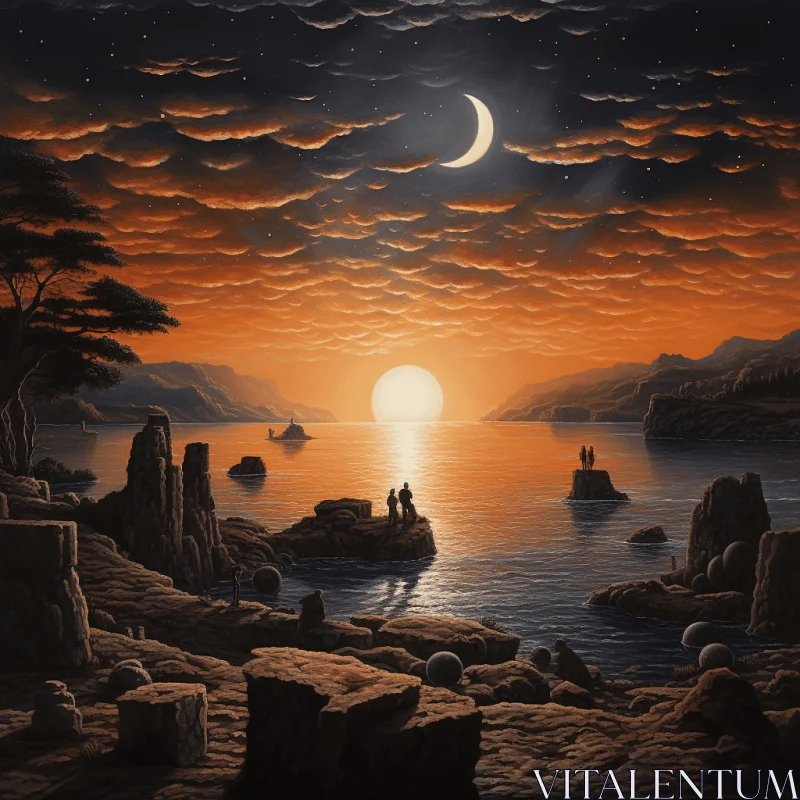Captivating Ocean and Moon Painting: Surreal 3D Landscapes and Ancient Art AI Image