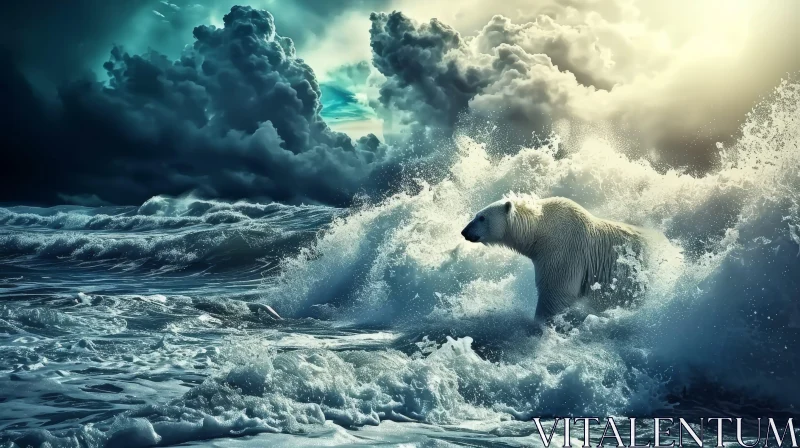 Polar Bear in Stormy Sea - Powerful Nature Image AI Image
