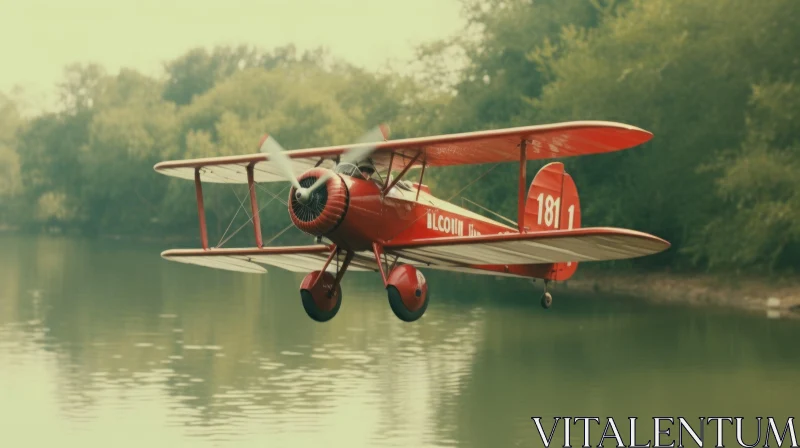 Red Biplane Flying Over Lake - Serene Nature Scene AI Image