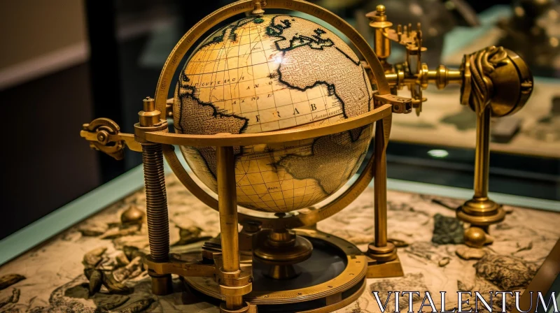 Antique Brass and Wood Globe with Detailed World Map AI Image