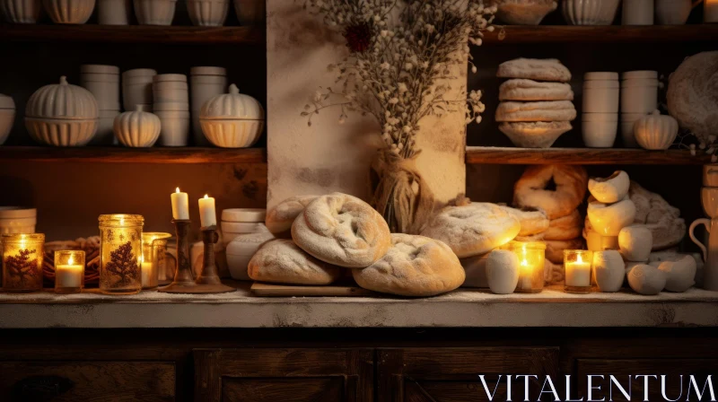 AI ART Captivating Still Life: Wooden Shelf with Ceramic Containers, Bread, and Candles