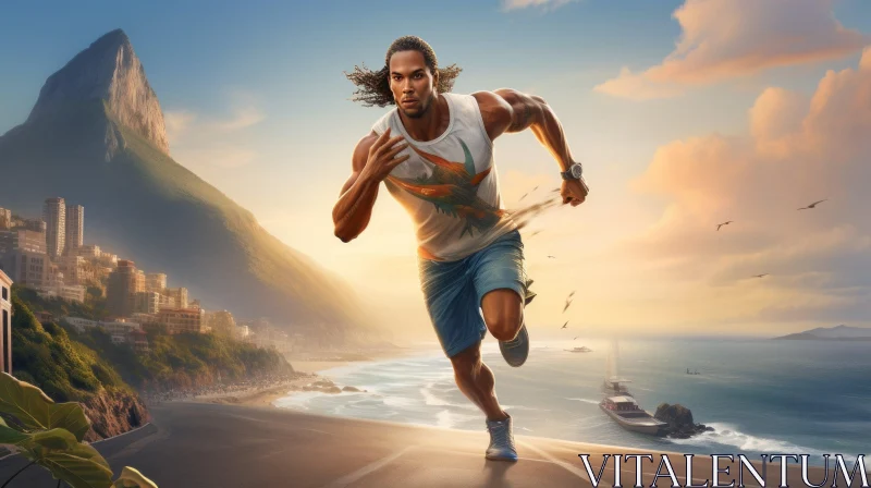 Determined Male Runner on Coastal Road at Sunset AI Image