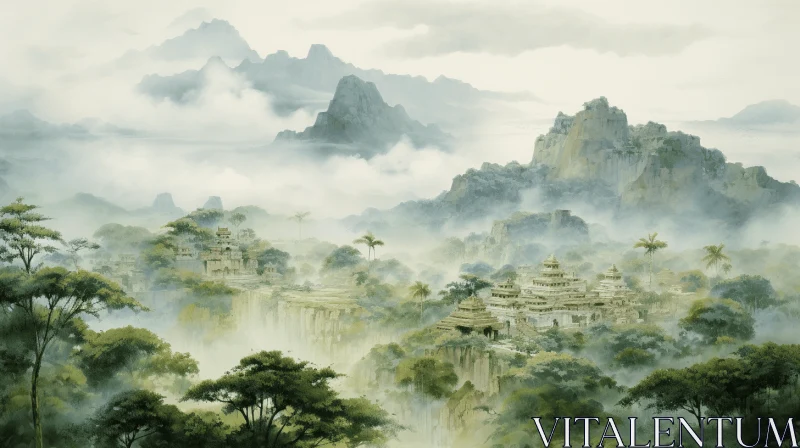 Misty Forest Village - A Captivating Ancient Asian Landscape AI Image
